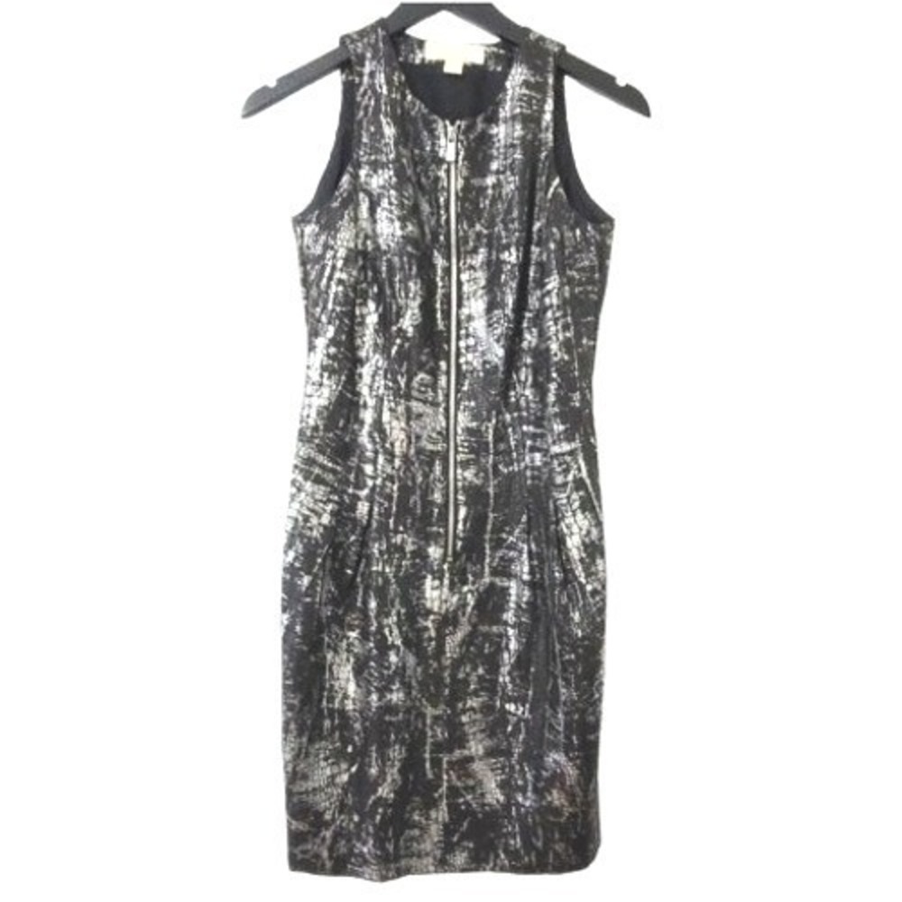 Michael Kors Sleeveless Metallic Dress 2 Black Silver Sheath Scoop Neck Full Zip